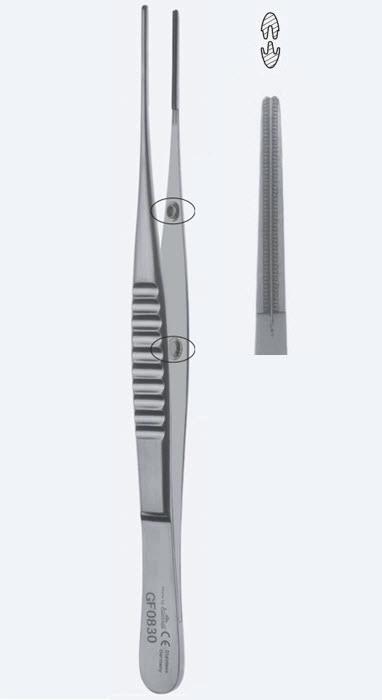 Пінцети атравмат для тканин Anti-Cross із Safety Pin, Press Stopper, зубці De Bakey прямі, кін 2,4 мм довж 300 мм. Бренд - Asanus Medizintechnik Gmb, Німеччина